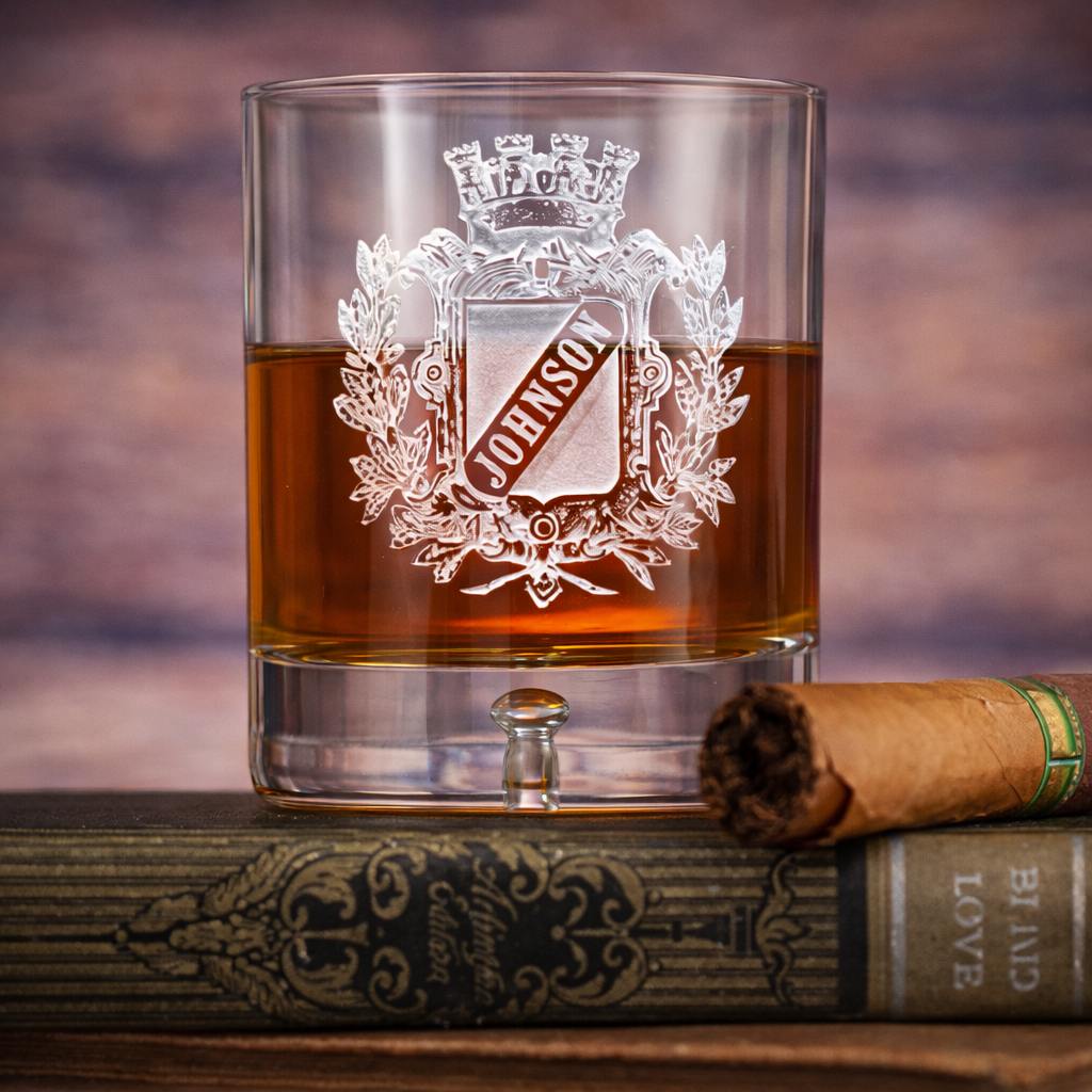 Personalized Engraved Family Crest Crystal Bourbon Glass Set – Set of 4