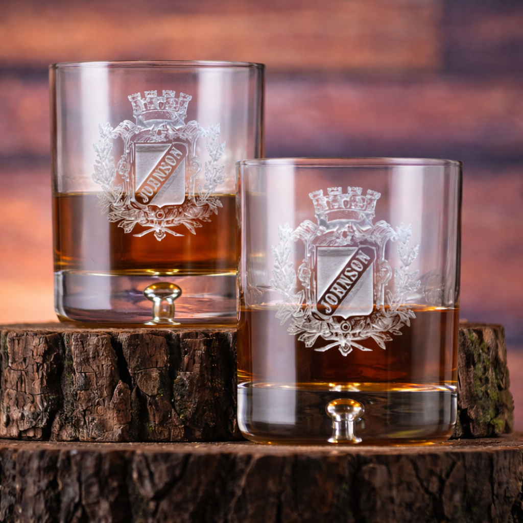 Personalized Engraved Family Crest Crystal Whiskey Glass Set – Set of 2
