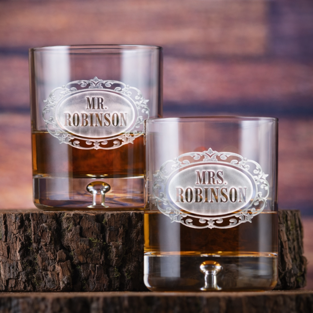 Personalized Mr. & Mrs. Engraved Crystal Whiskey Glass Set – Set of 2